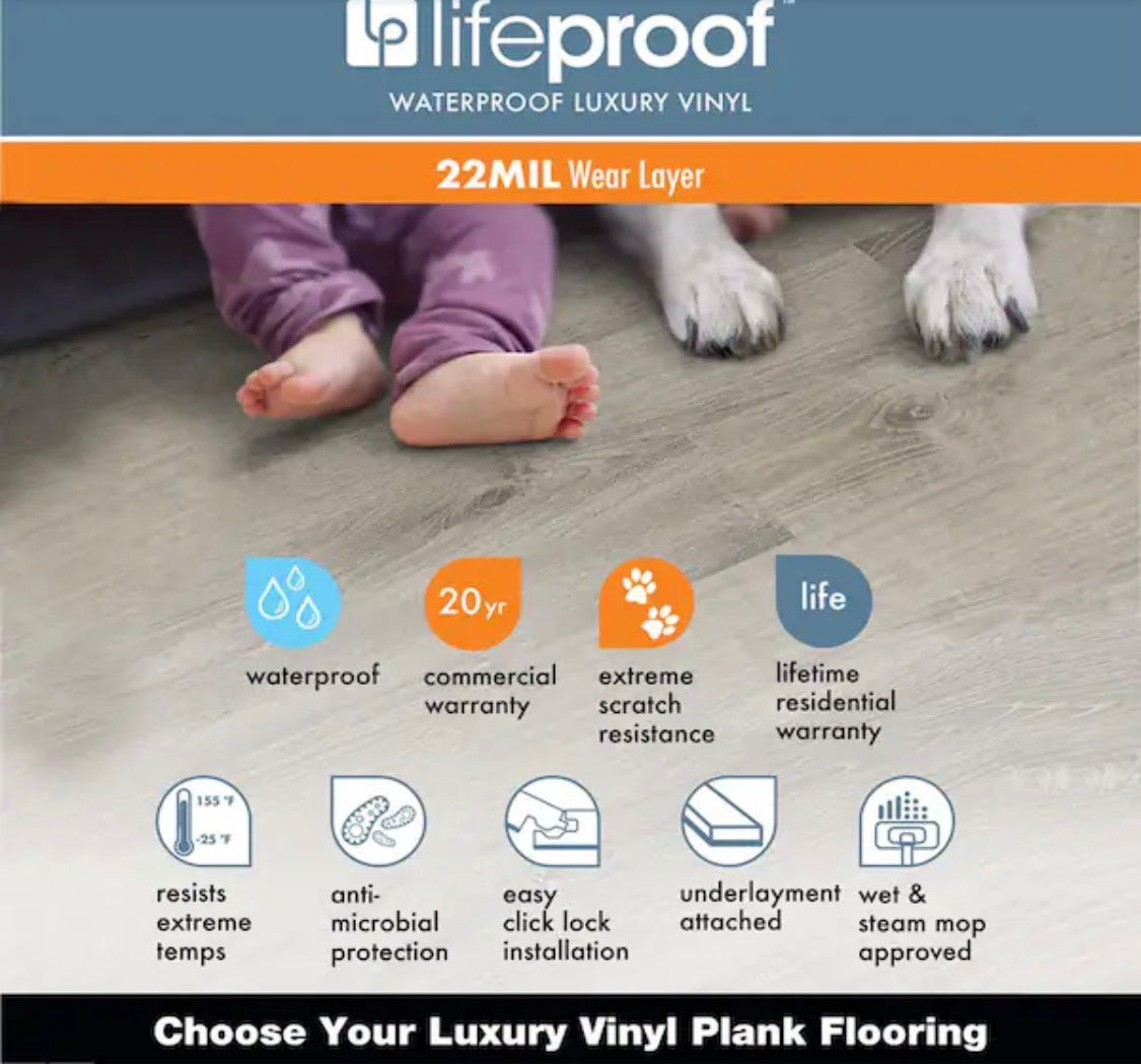 Lifeproof
Sundance Canyon Hickory 22
MIL × 9 in. W x 59.8 in. L Click Lock Waterproof Luxury Vinyl Plank Flooring 22.39 sqft/case